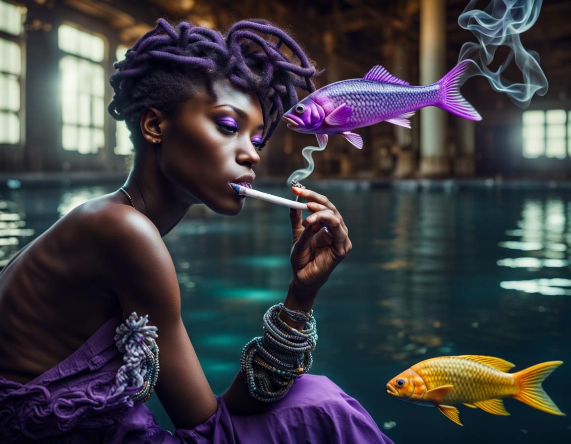 Woman with Pipe and Swimming Fish in HDR