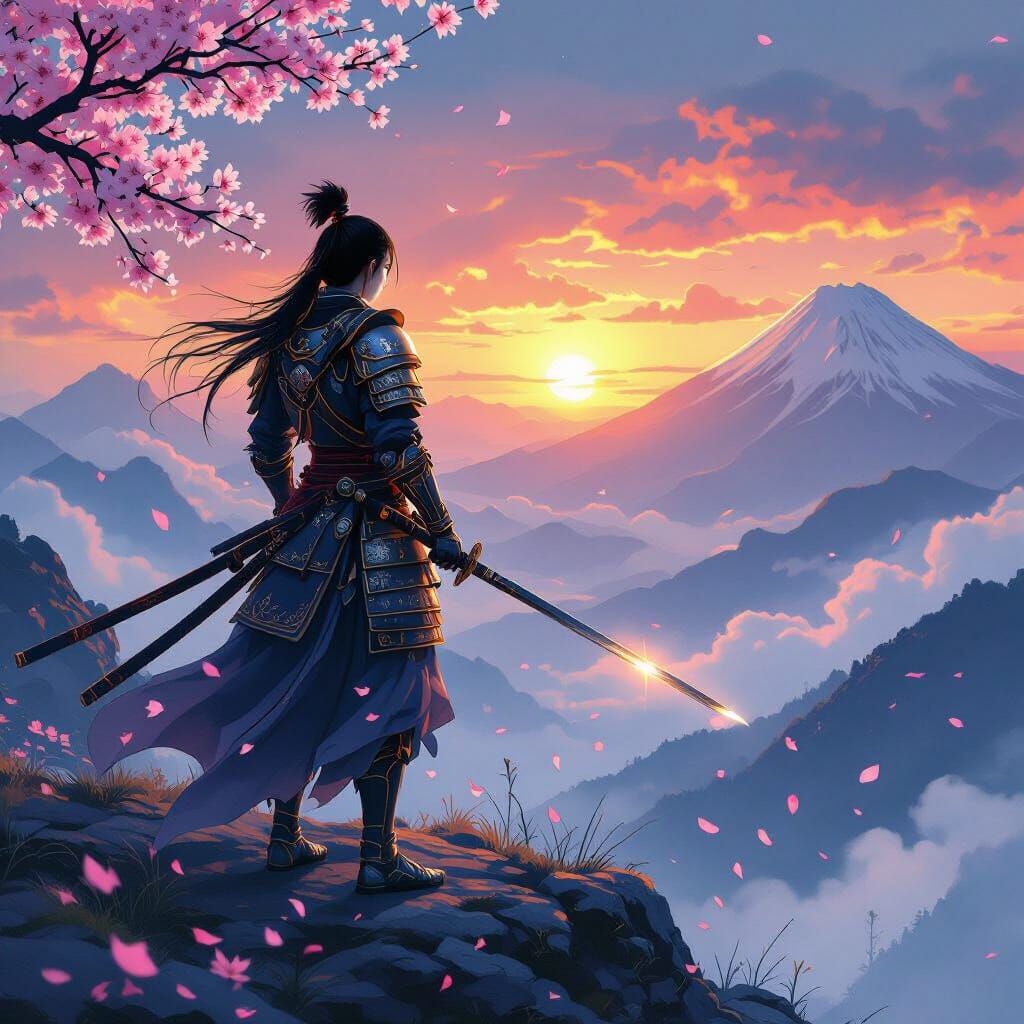 Samurai Warrior on Mountain Peak in Ethereal Anime Style