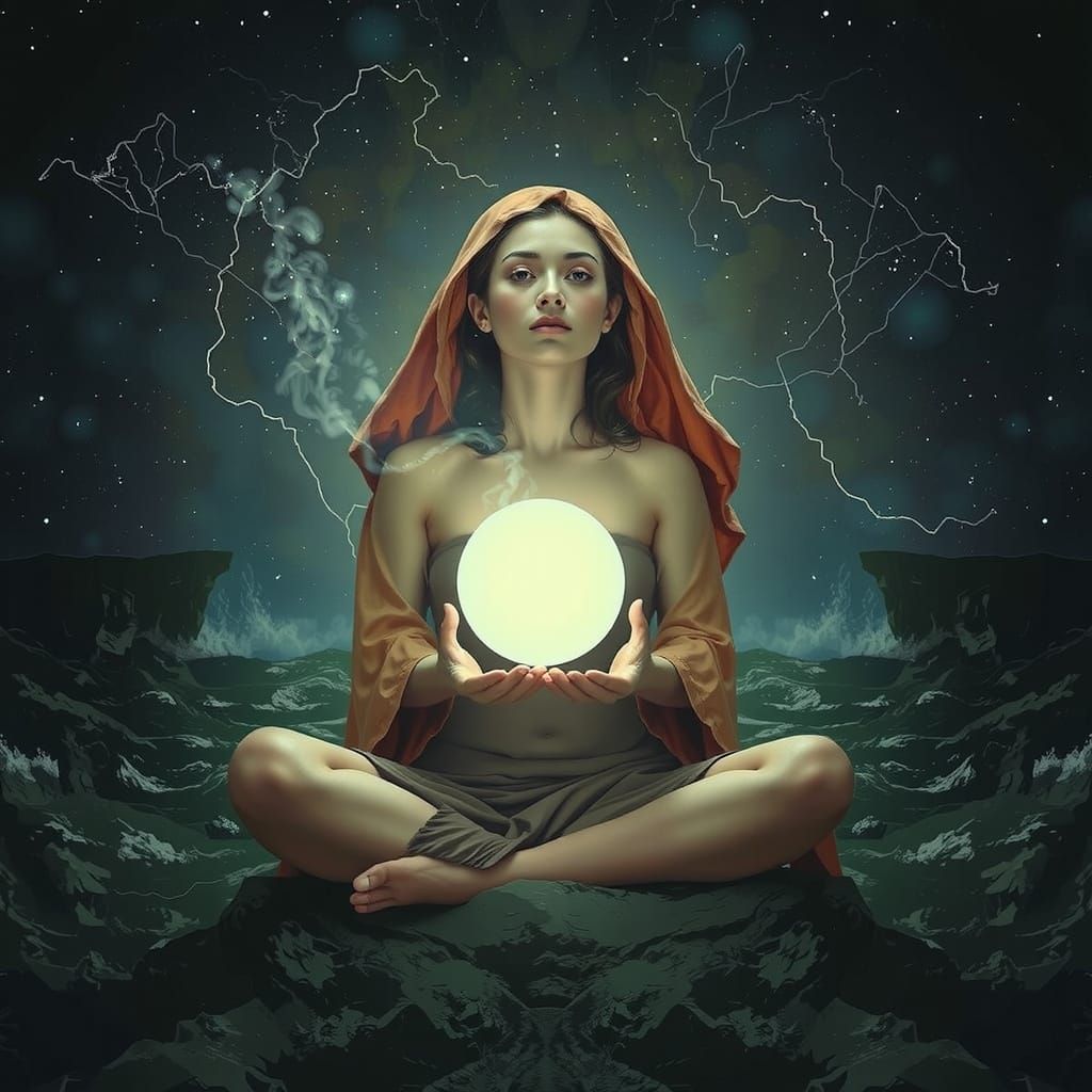 Cloaked Figure with Light Orb Overlooking Stormy Sea