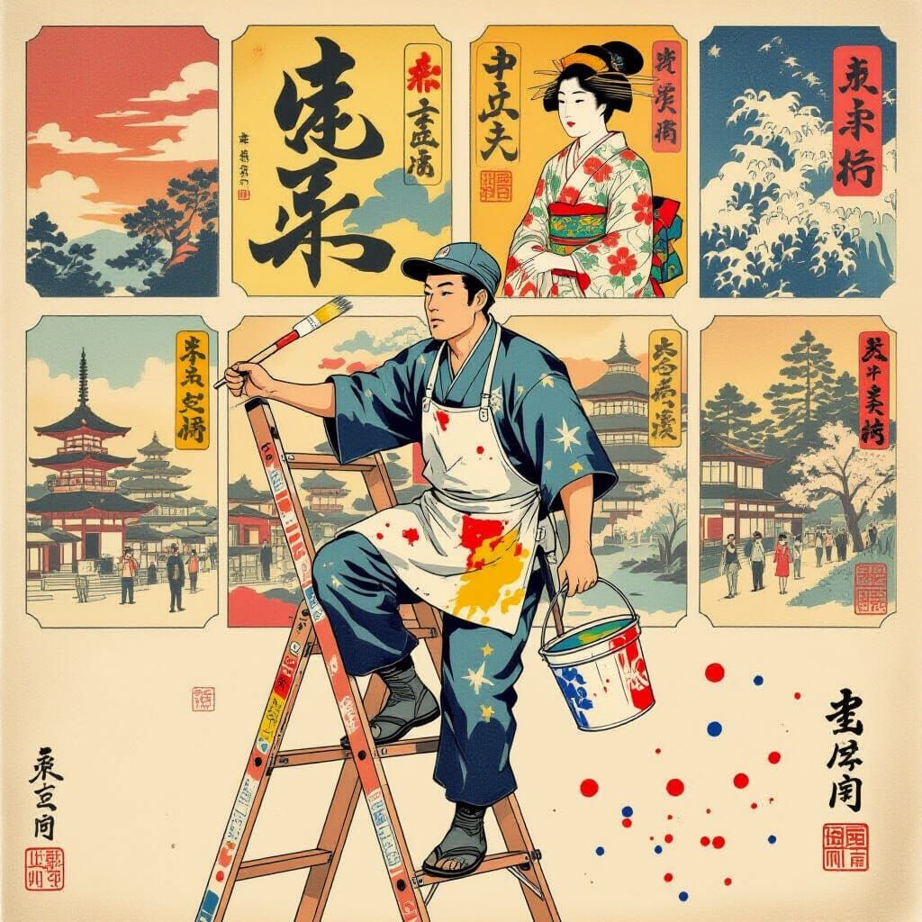 Painter's Plight: Ukiyo-e Style Meiji Era Mishap