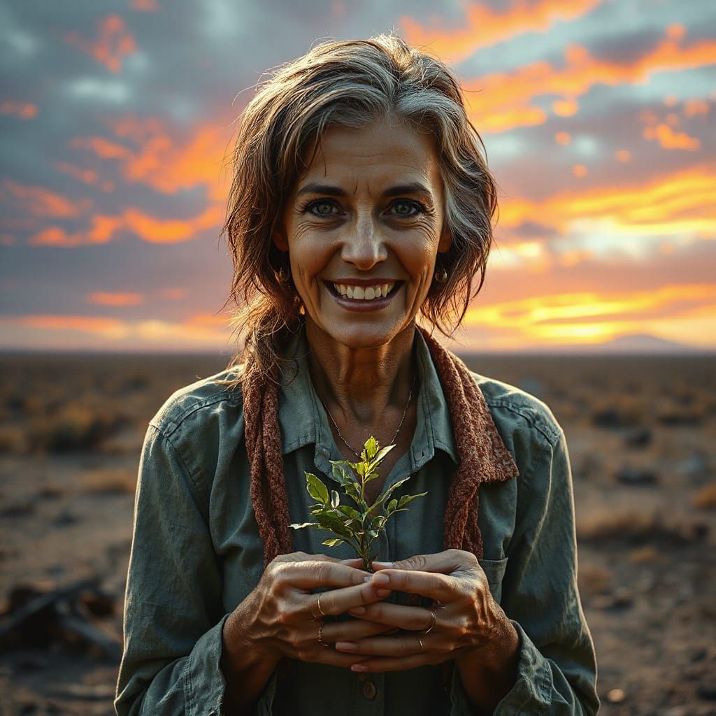 Hopeful Woman with Sapling: Hyperdetailed Digital Art