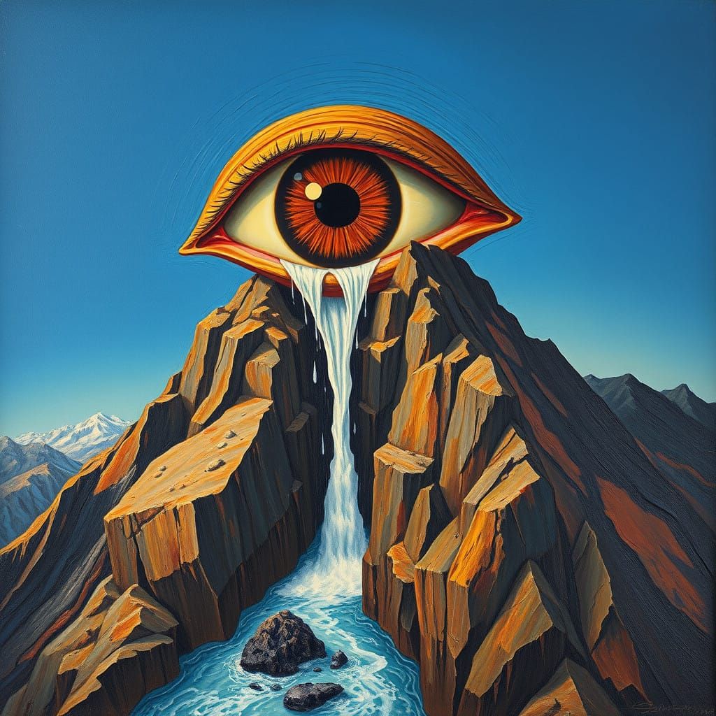 Surrealist Eye Sits atop Rocky Mountain, Tears Forming a Mig...