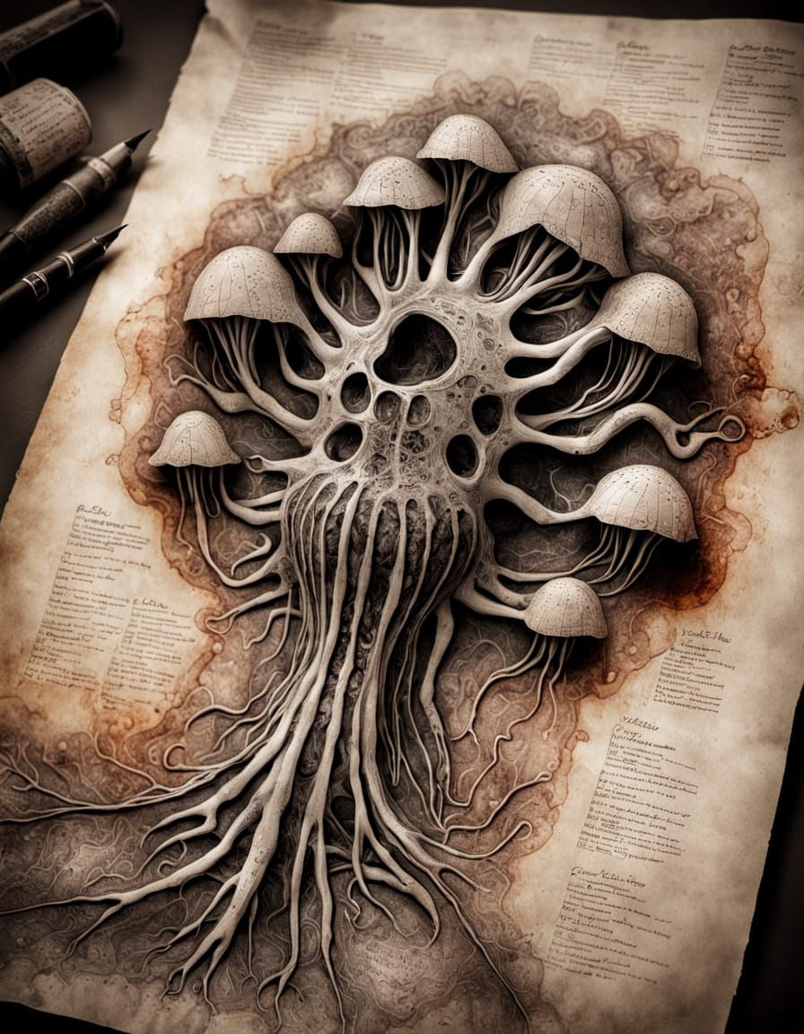 Decaying Biological Diagrams in Fungi-Inspired Cyberpunk Sty...
