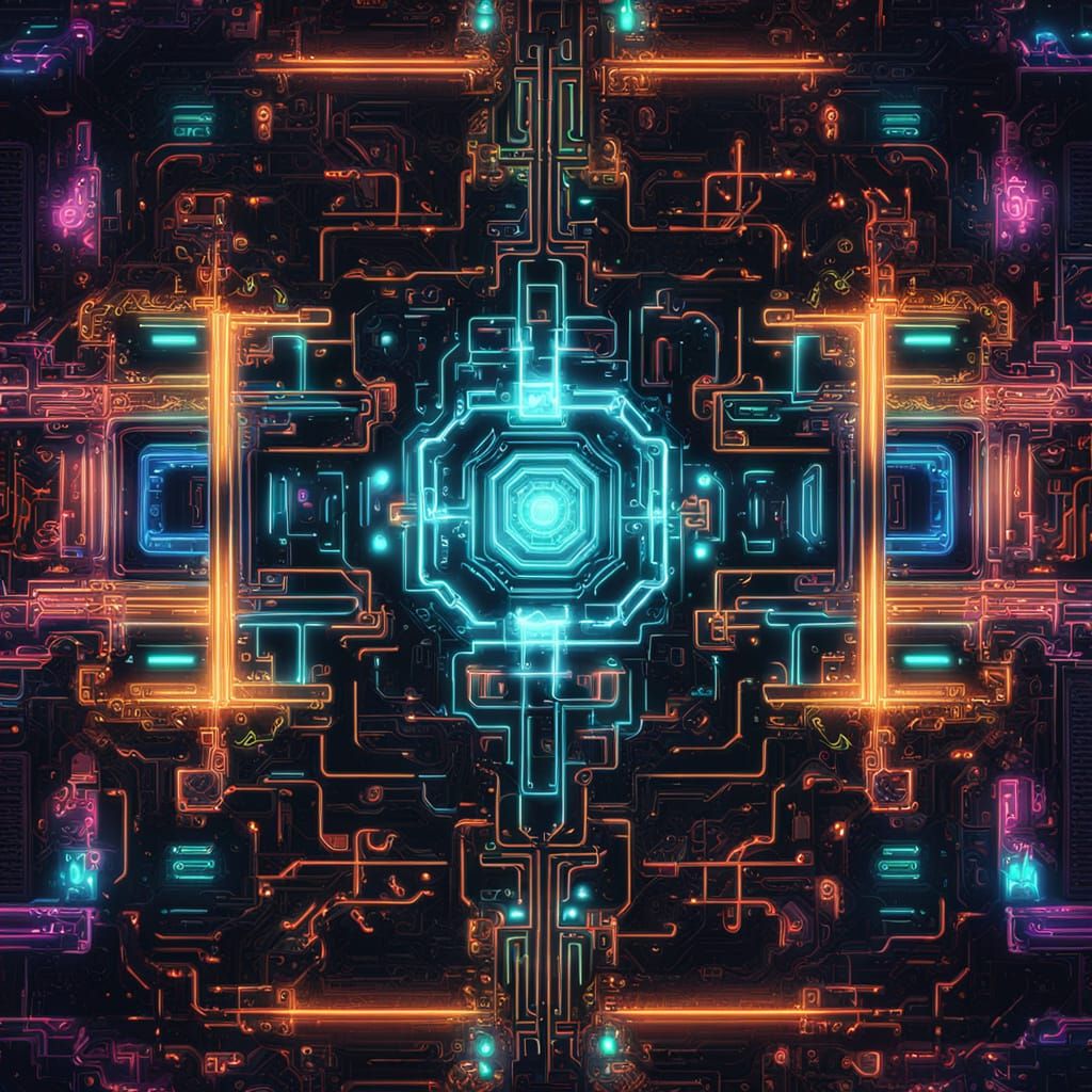 Cyberpunk Mandala with Glowing Neon Circuits