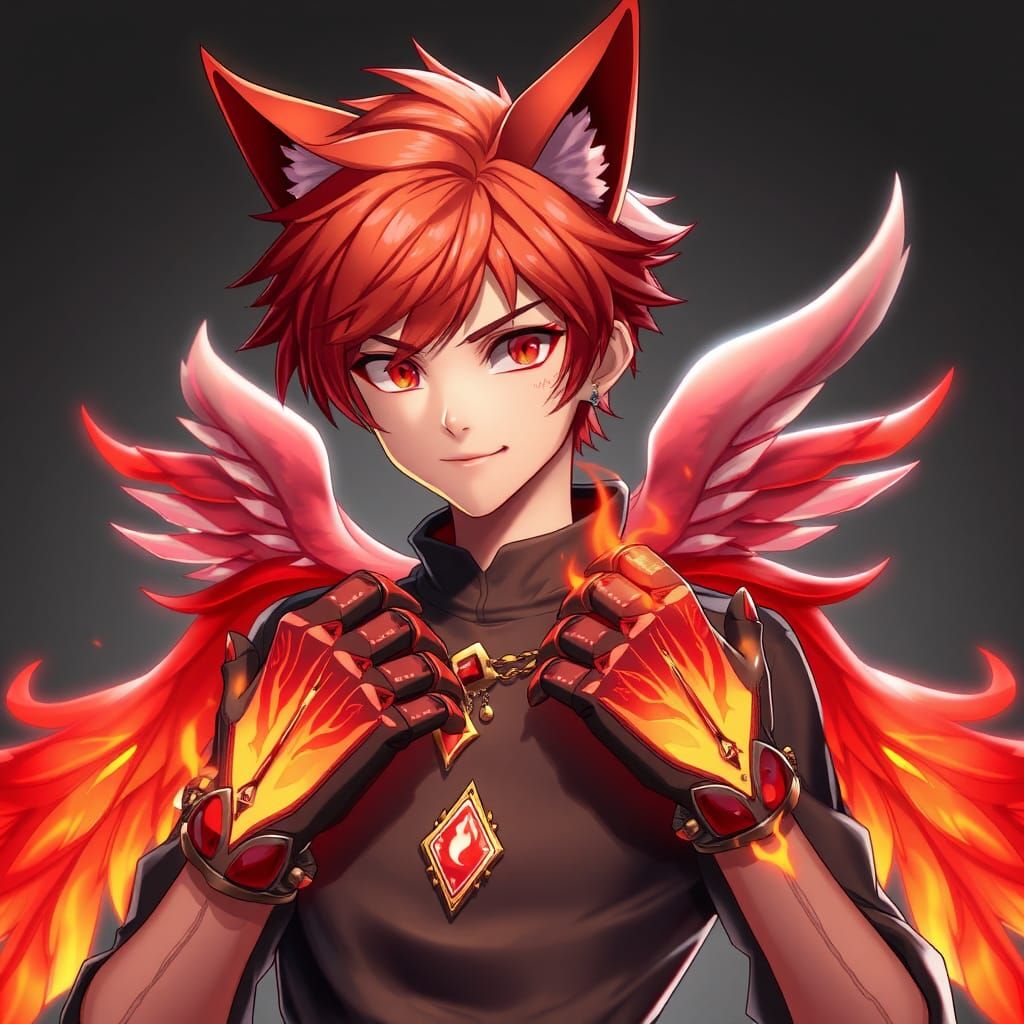 Fiery Anime Teen with Cat Features in 3D