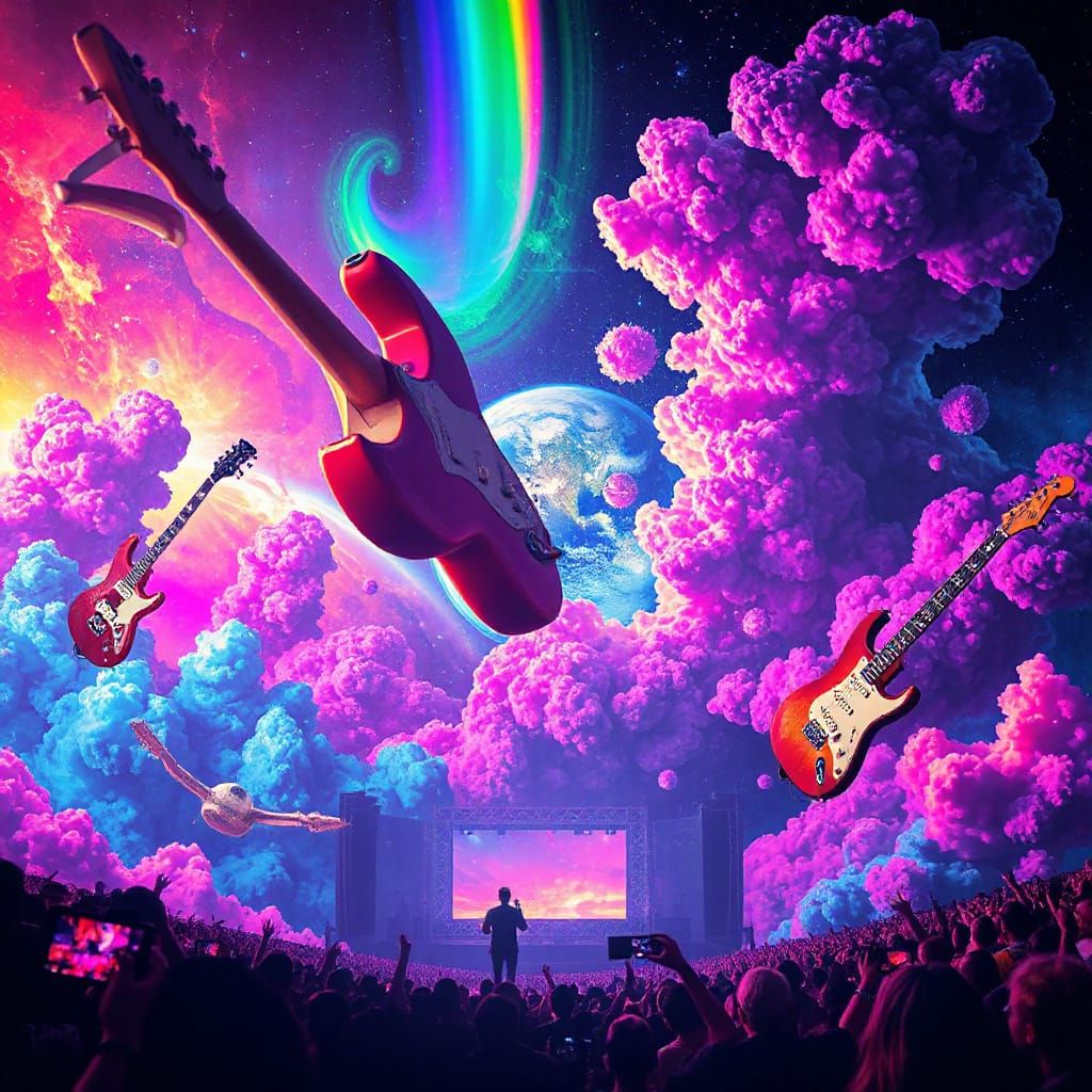 Psychedelic Rock Concert in Space with Synthwave Glow