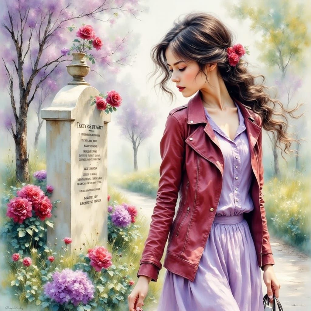 Elegant Lady Strolls Through a Memorial Garden in Soft Impre...