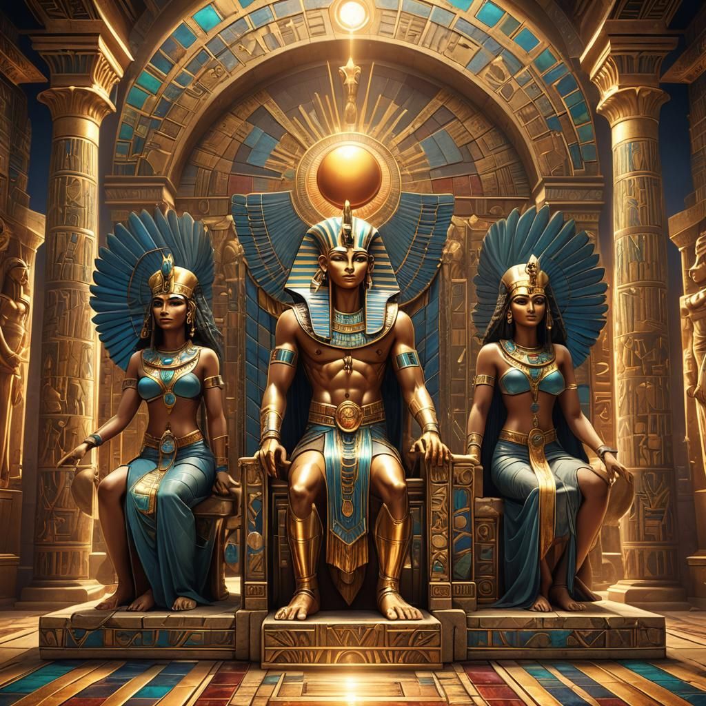 Egyptian Pharaoh Between Winged Goddesses in Art Nouveau