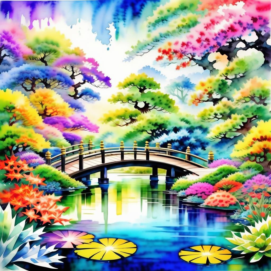Fractal Exotic Elegance, colorful garden, pond, Japanese bri...