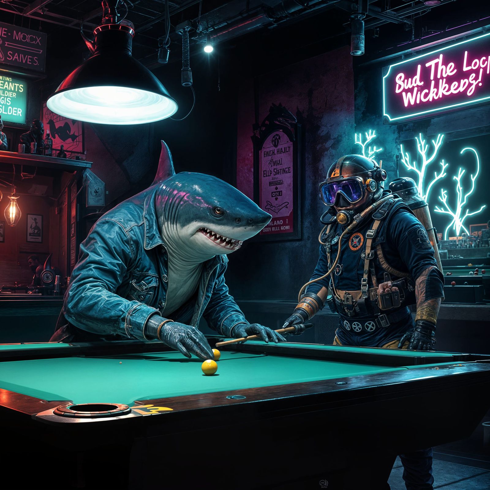 A Neon-Lit Shark Plays Pool in a Dive Bar