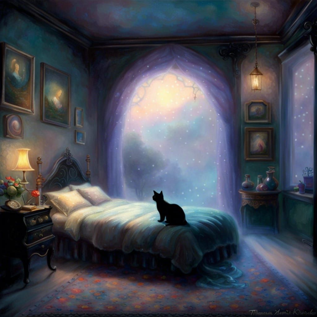 Dream Bedroom with Black Cat in Ethereal Style