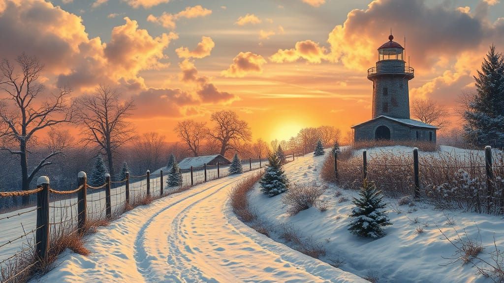 Winter Lighthouse Scene in Textured Brushstrokes