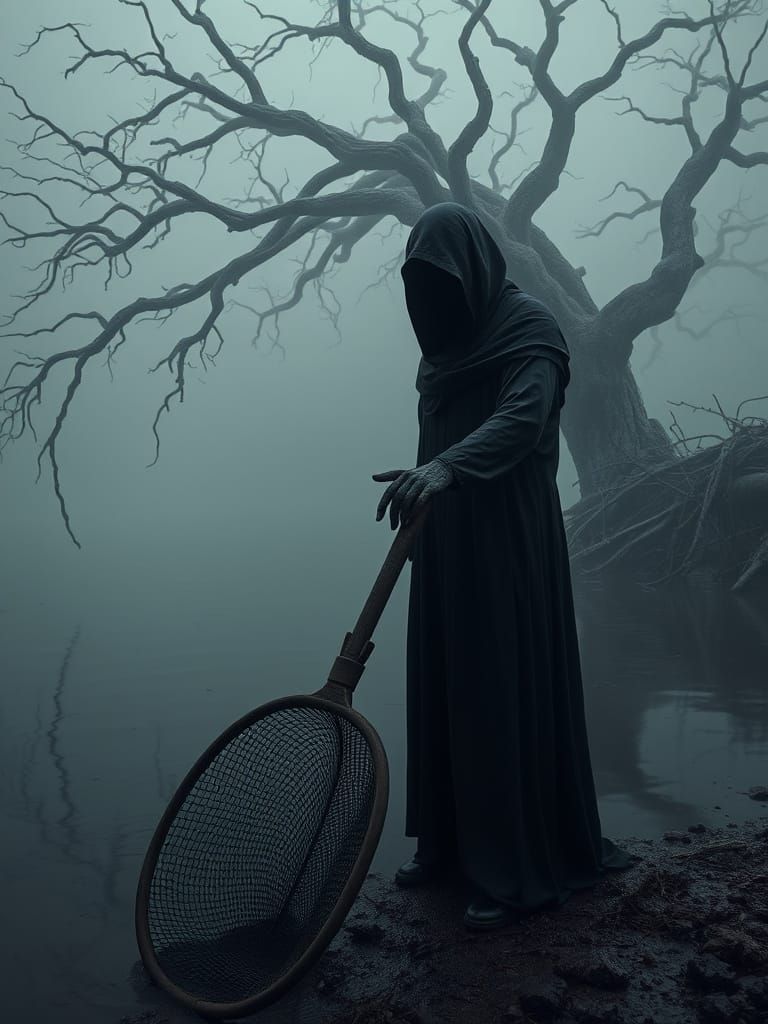 Mysterious Figure Stands at the Edge of a Murky Lake, Dredge...