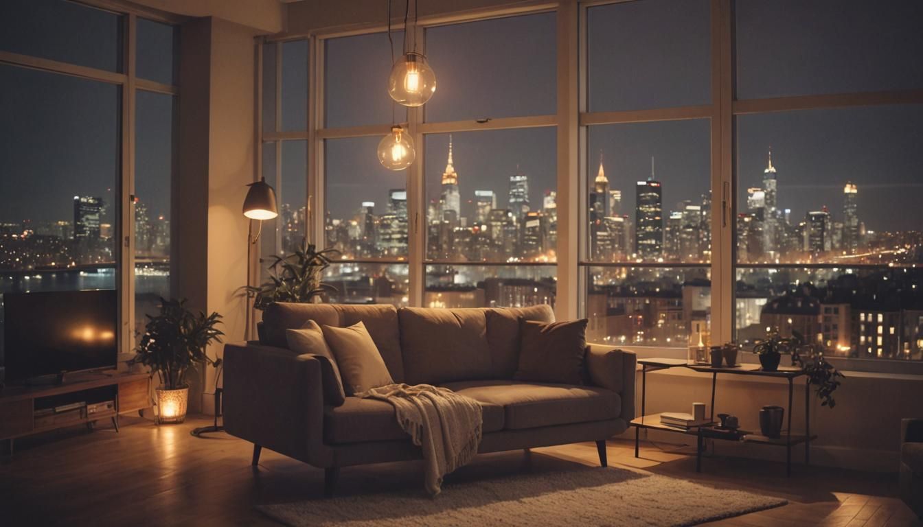 Cozy Loft Apartment with City View at Night
