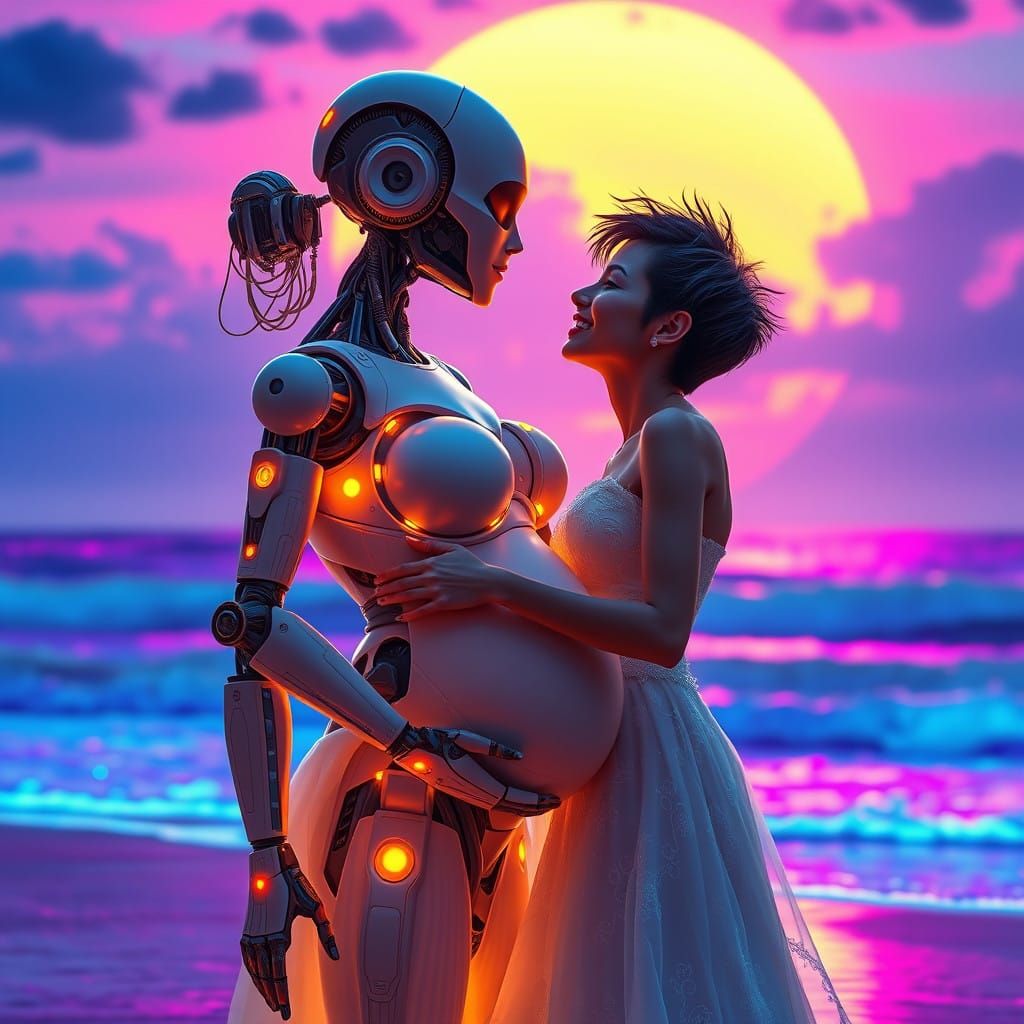 Android Bride and Human Partner Share a Tender Kiss on a Neo...