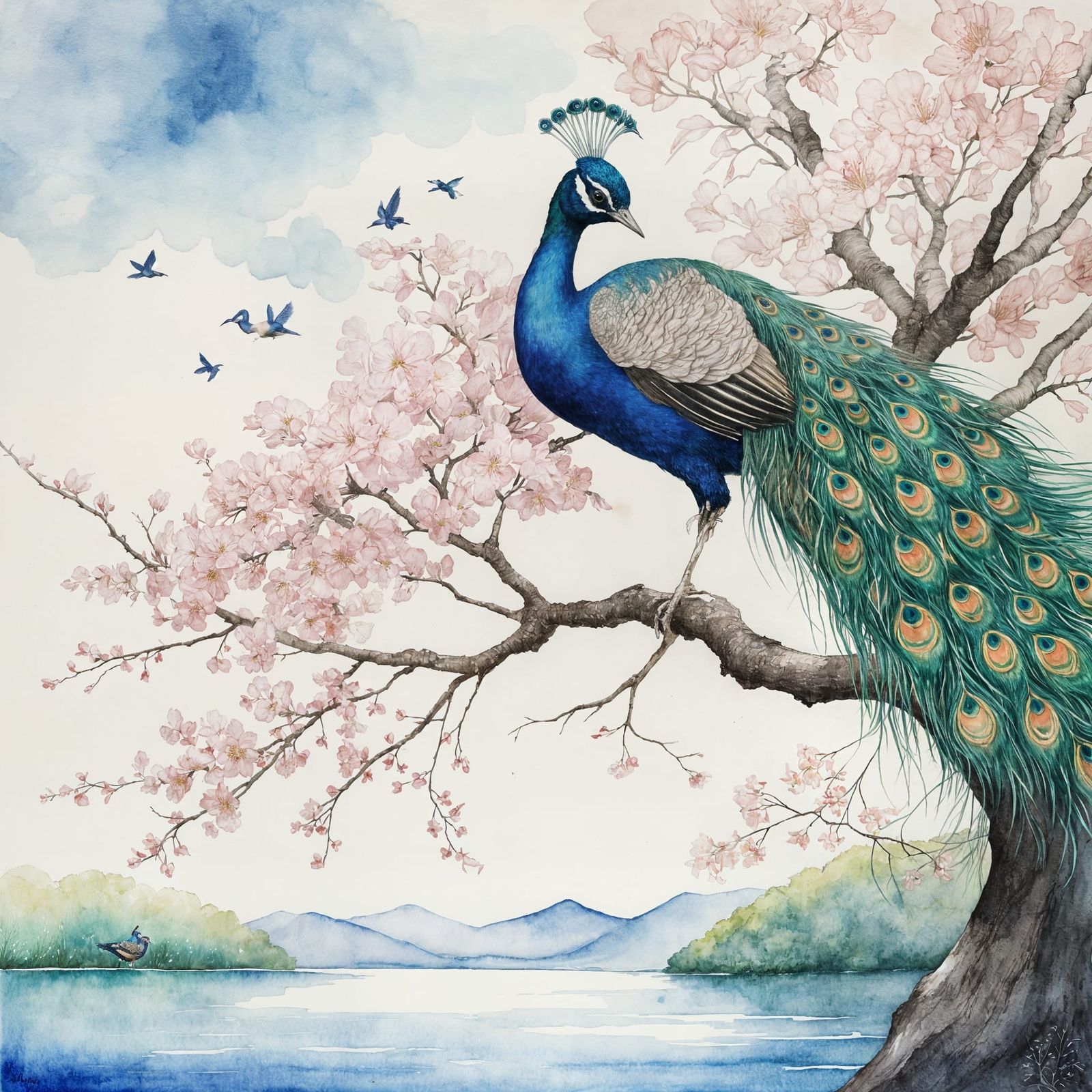 Exquisite Peacock on Sakura Tree at Dawn