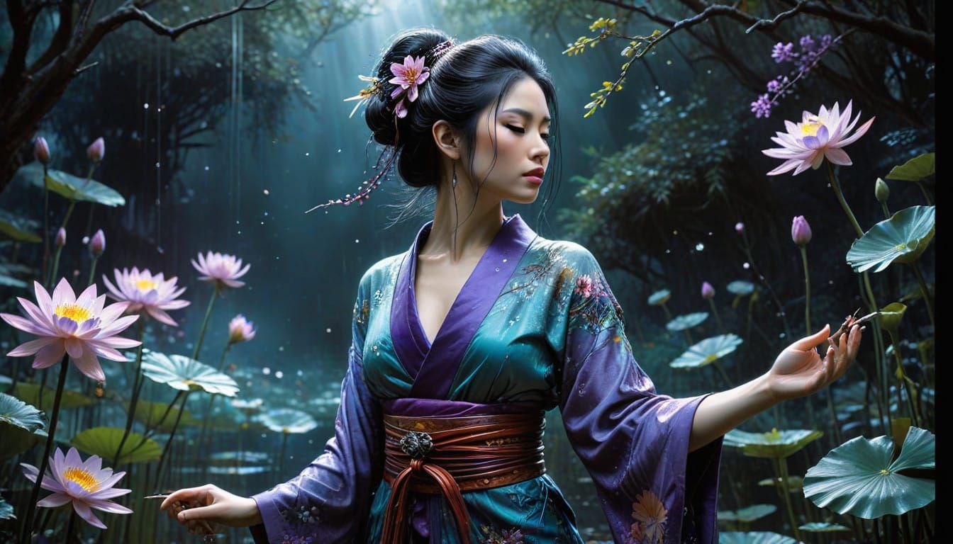 Ethereal Geisha in Dreamlike Realism with Interlocking Color...
