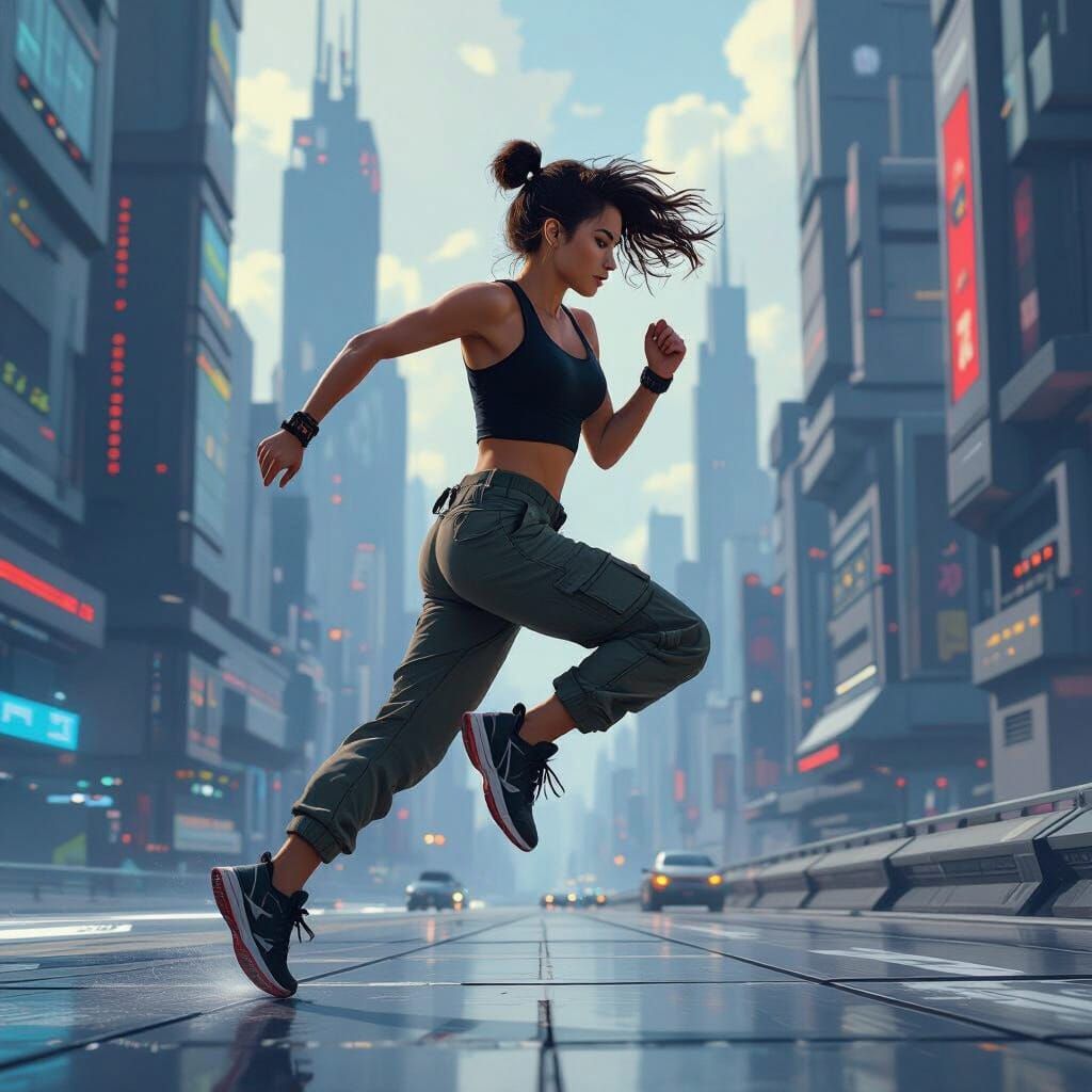 Futuristic Woman Parkours Across Sleek Cityscape