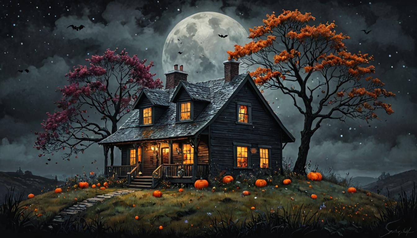 Halloween Cottage Illustration with Dark Foliage