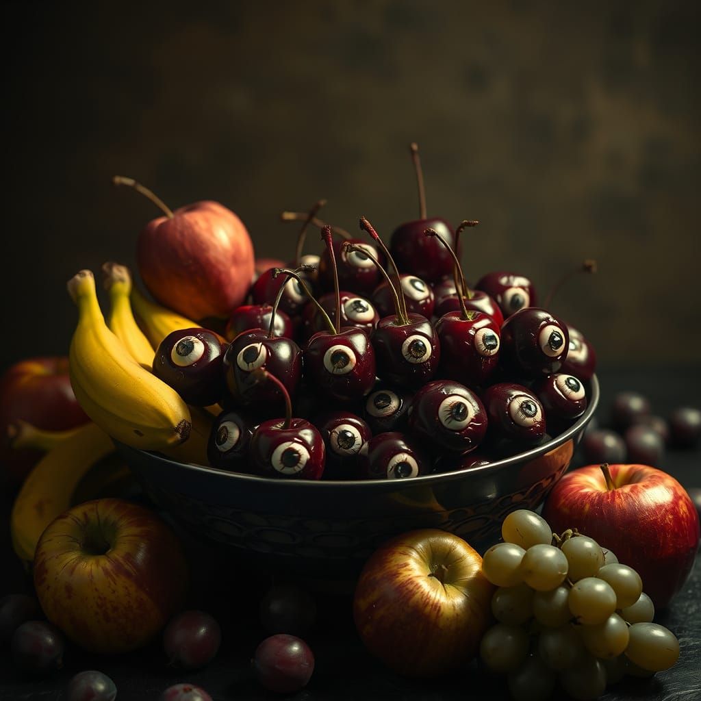 Eerie Fruit Bowl with Cherries as Eyes