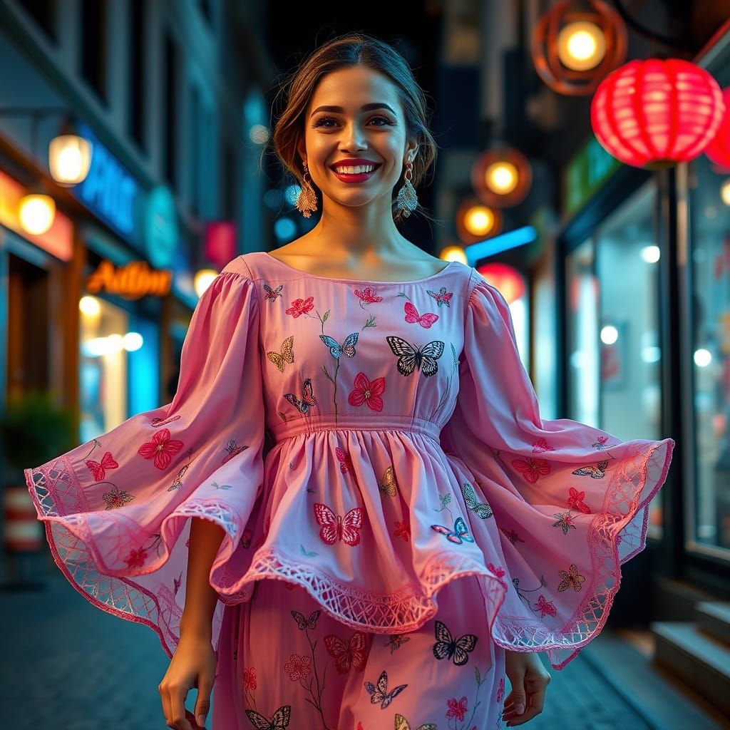 Elegant Woman Strolls Down a Fashionable Nighttime Street