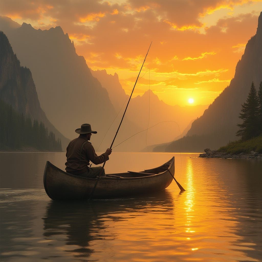 Fisherman at Sunset in Mountain Landscape