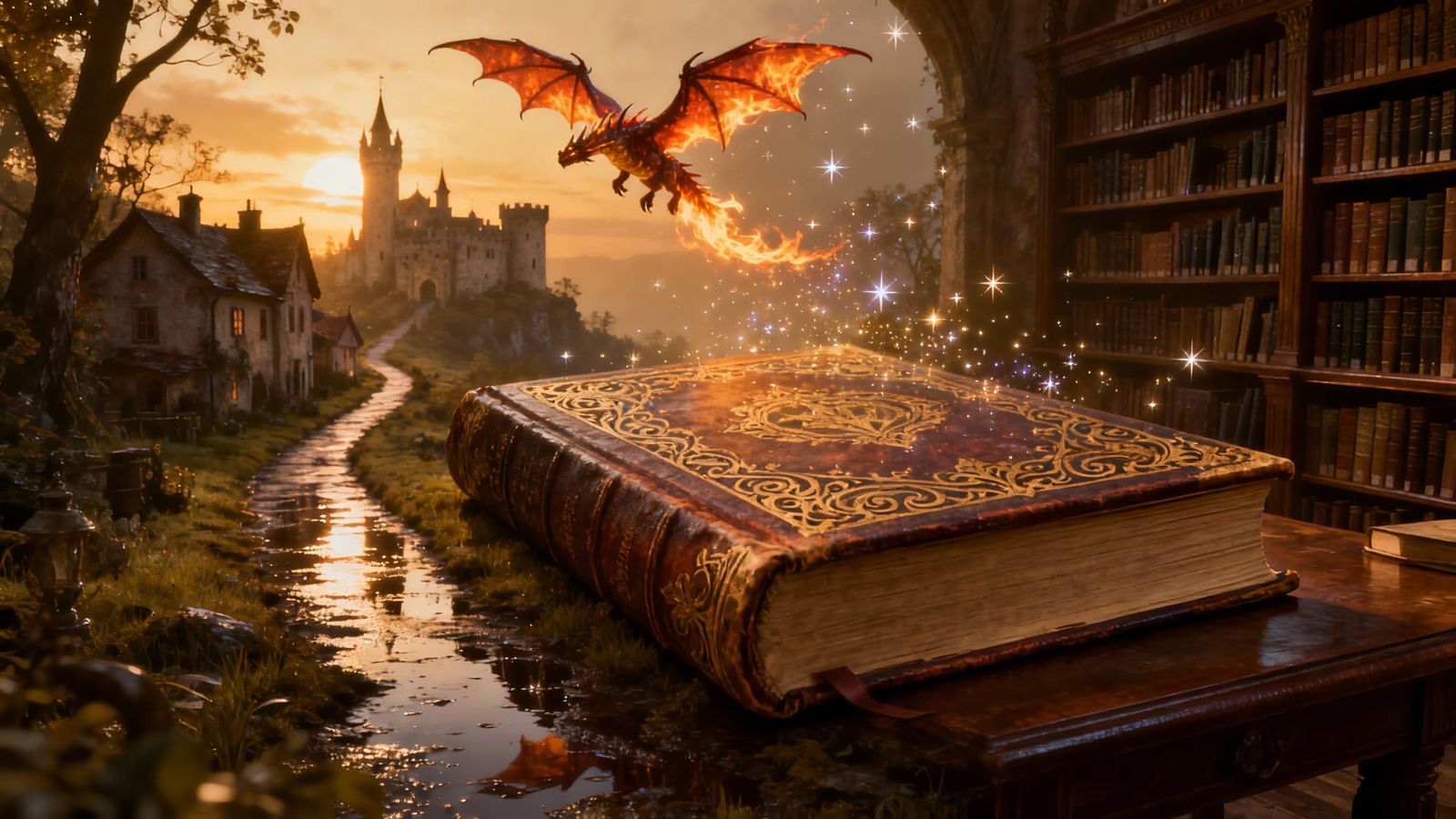 Magical Wizard School on Ancient Book Cover in Golden Haze