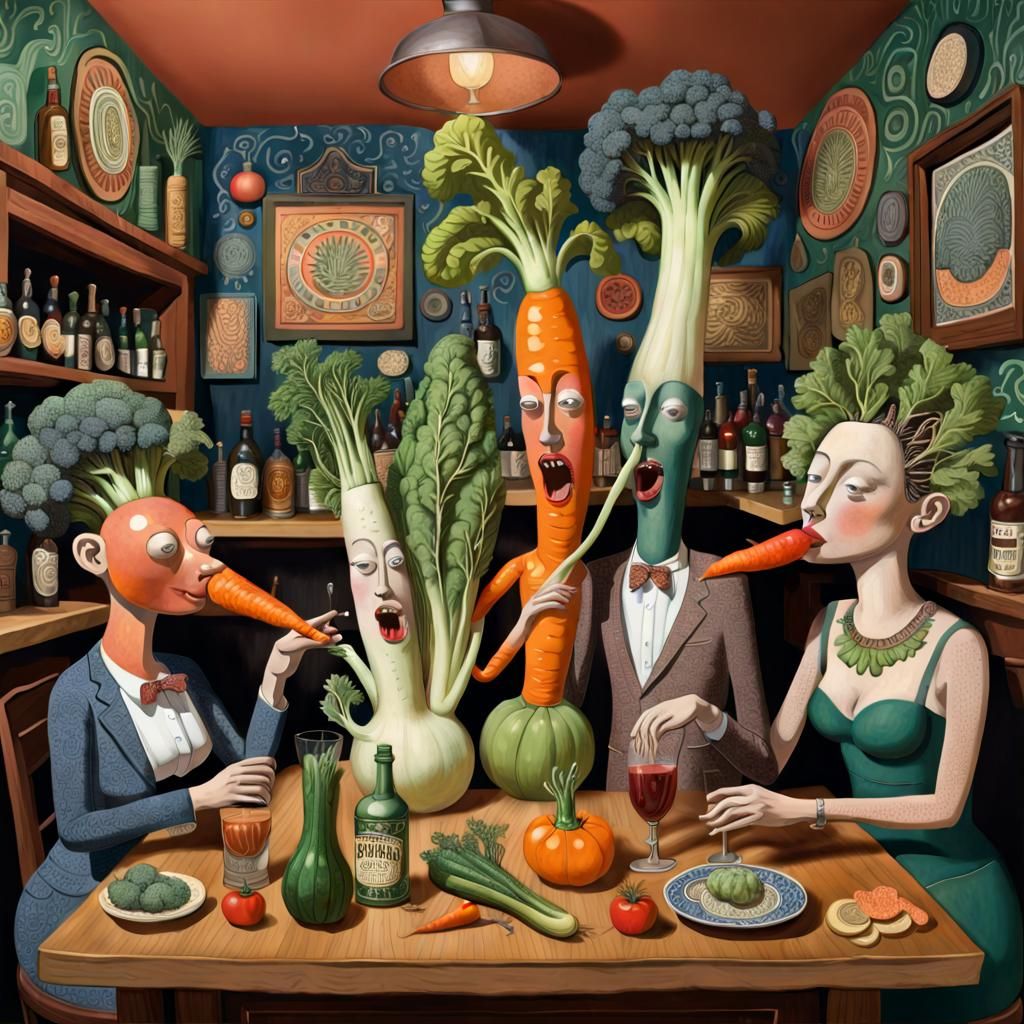 Vegetables at the Bar in Naive Art Style