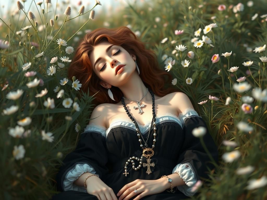 Nun Sleeping in Wildflower Meadow, Hyperrealistic Style