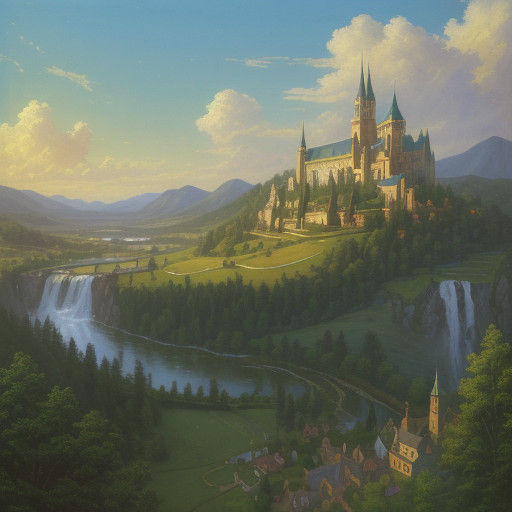 Idyllic 1800s-Style Utopian Cityscape in Warm Oil Paintings