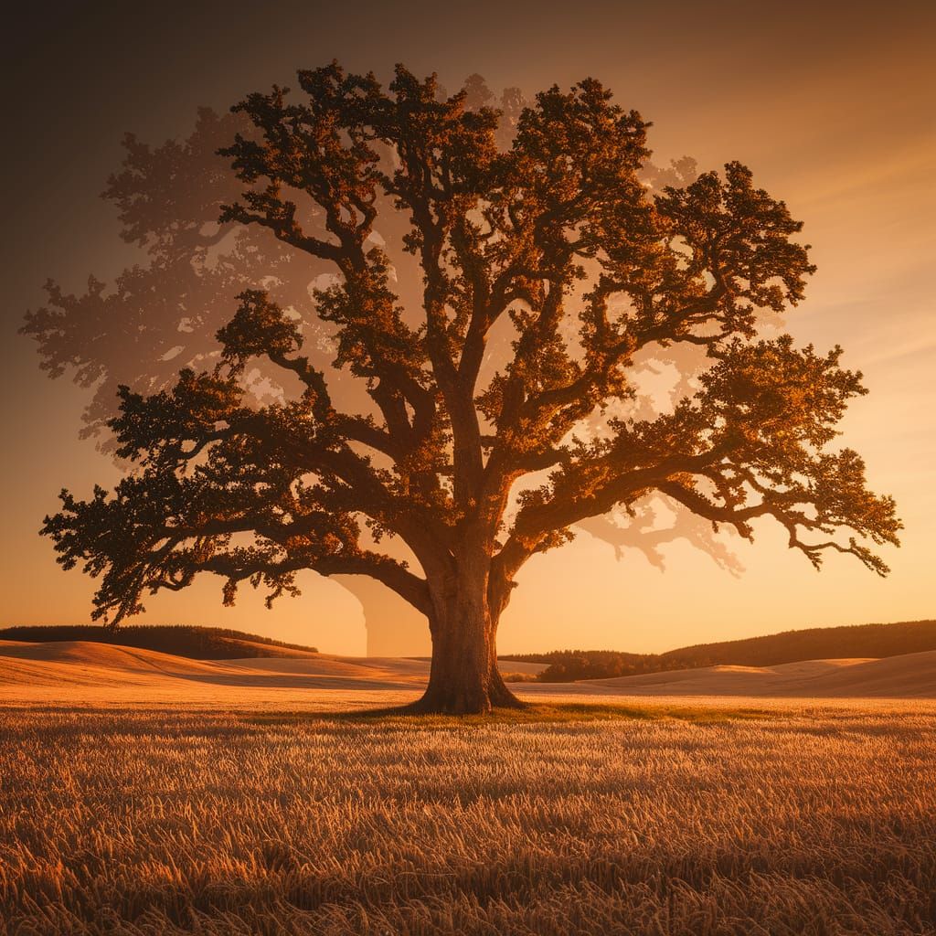 Ancient Oak Tree with Spectral Echo in Golden Wheat Field