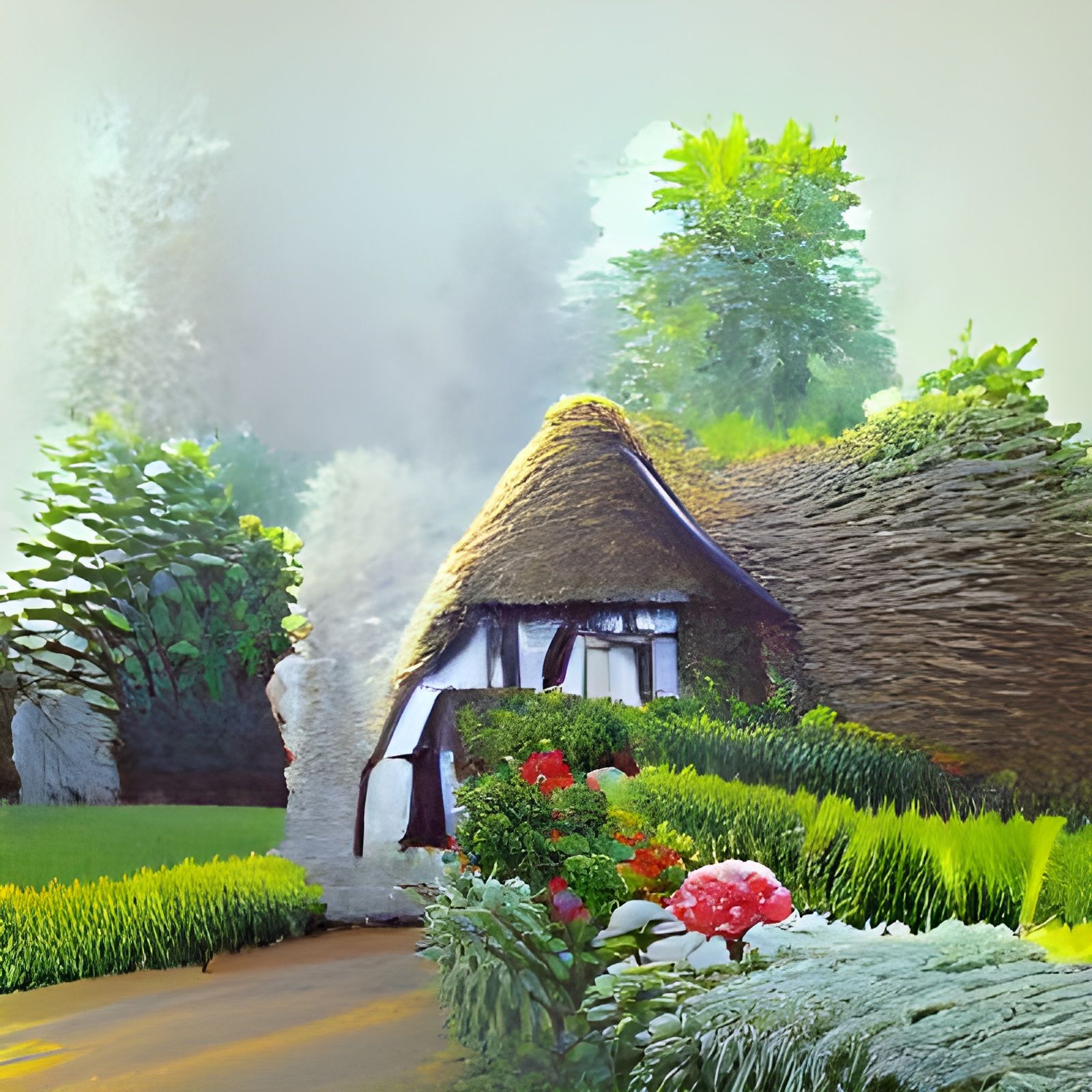English Thatched Cottage Garden: Thomas Kinkade Poster Art