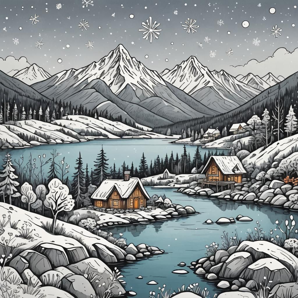 Whimsical Doodle Landscape with Cozy Cabin