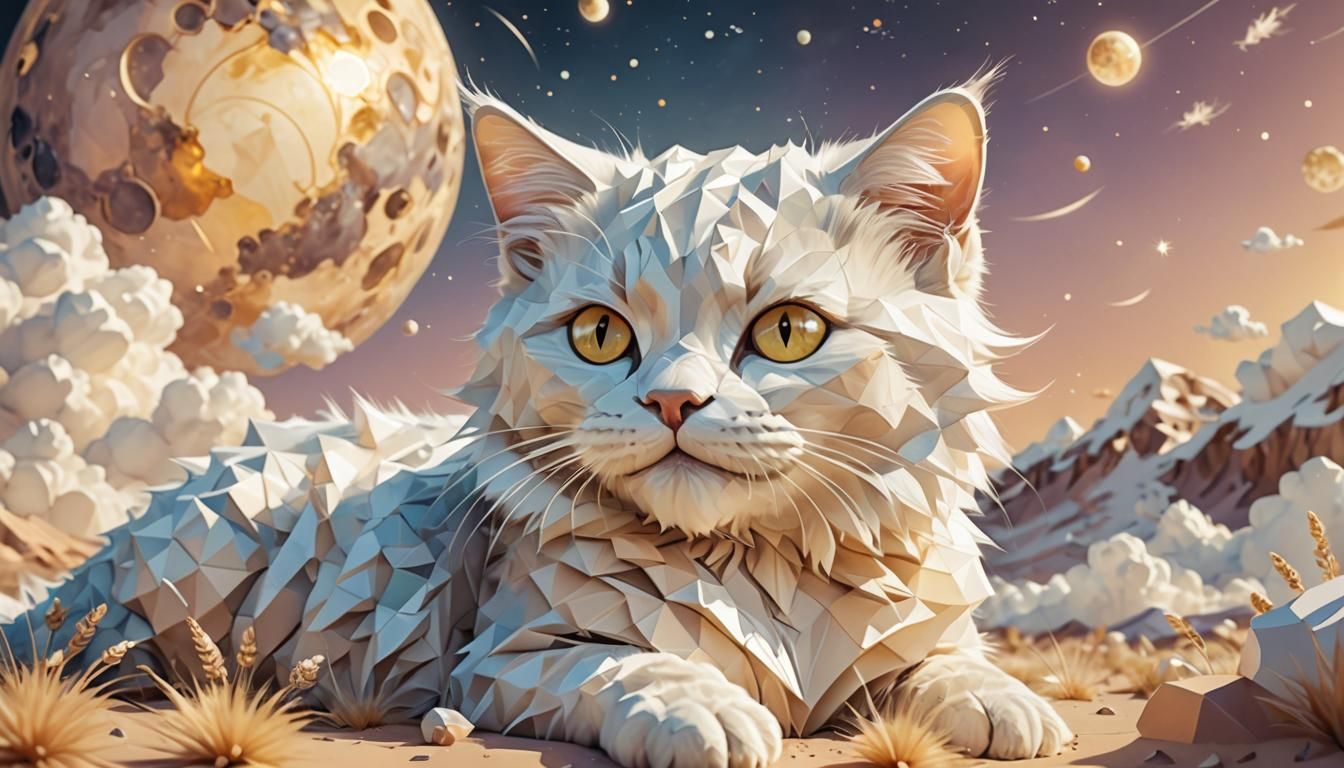 Fractal Kitty Smiles in Pastel Dreamscape: Low-Poly Art