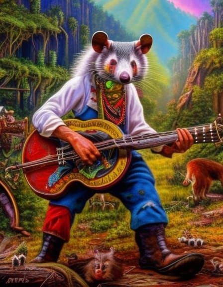 Psychedelic Opossum Banjo Player in Appalachian Folklore