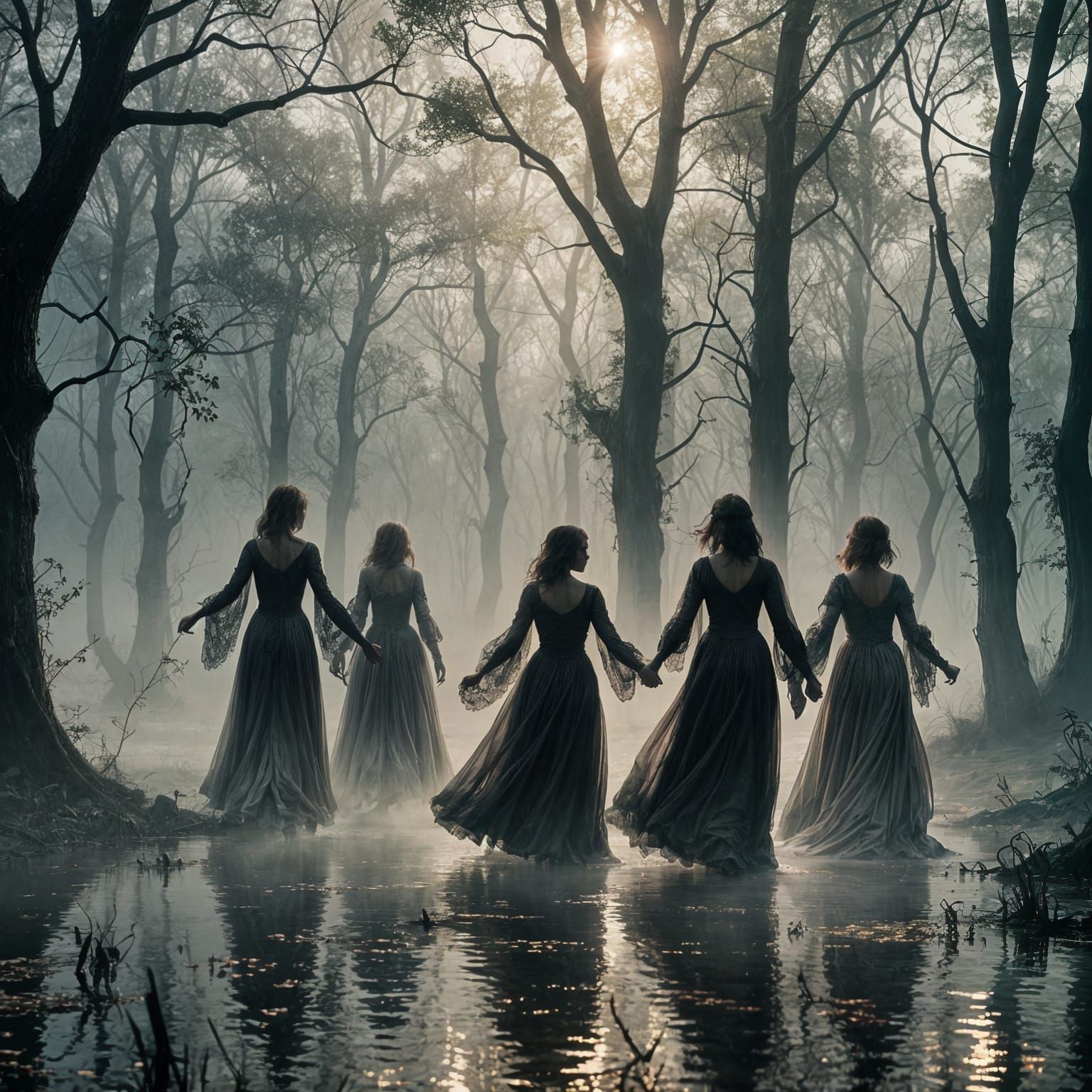 Ethereal Women Waltzing in Haunted Swamp: Digital Art