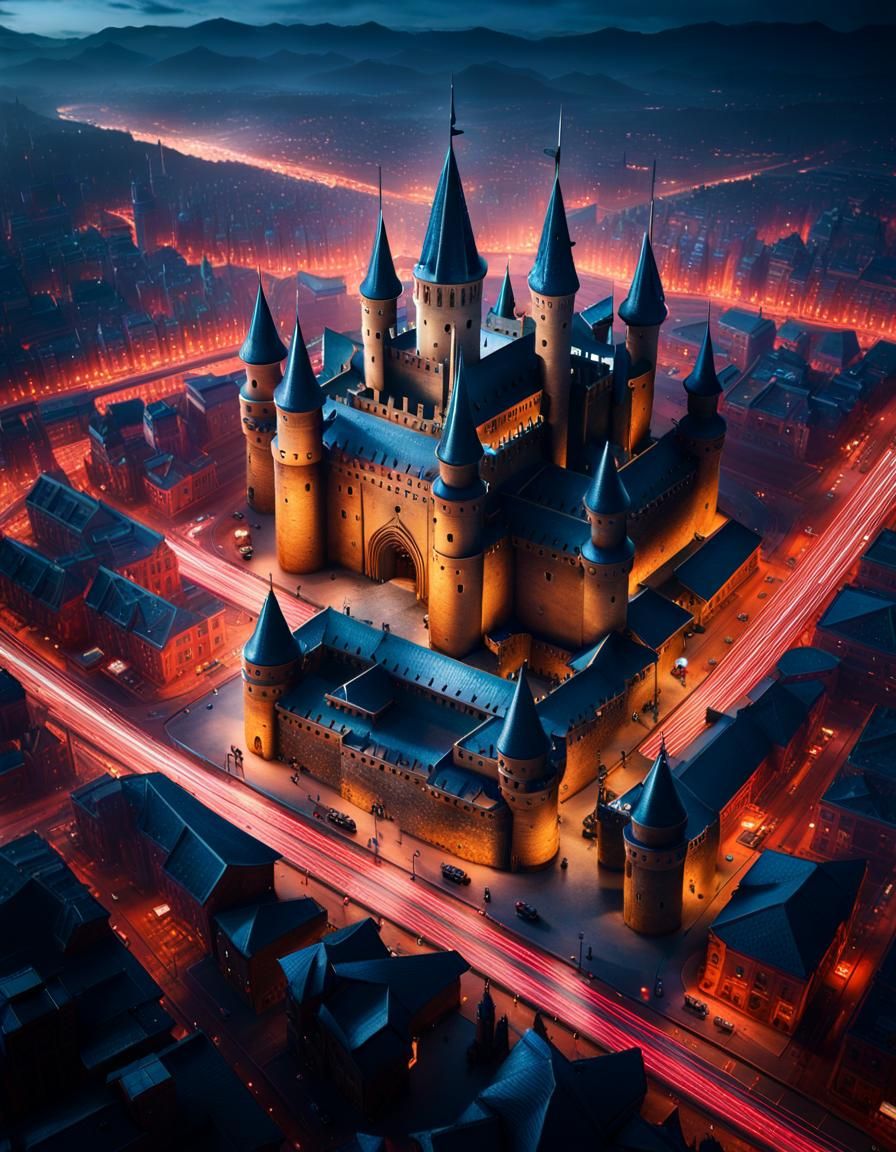 Cyberpunk Castle in Medieval City Aerial View