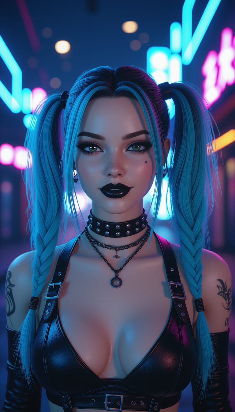Neo-Gothic Woman in Neon Lights, Digital Art