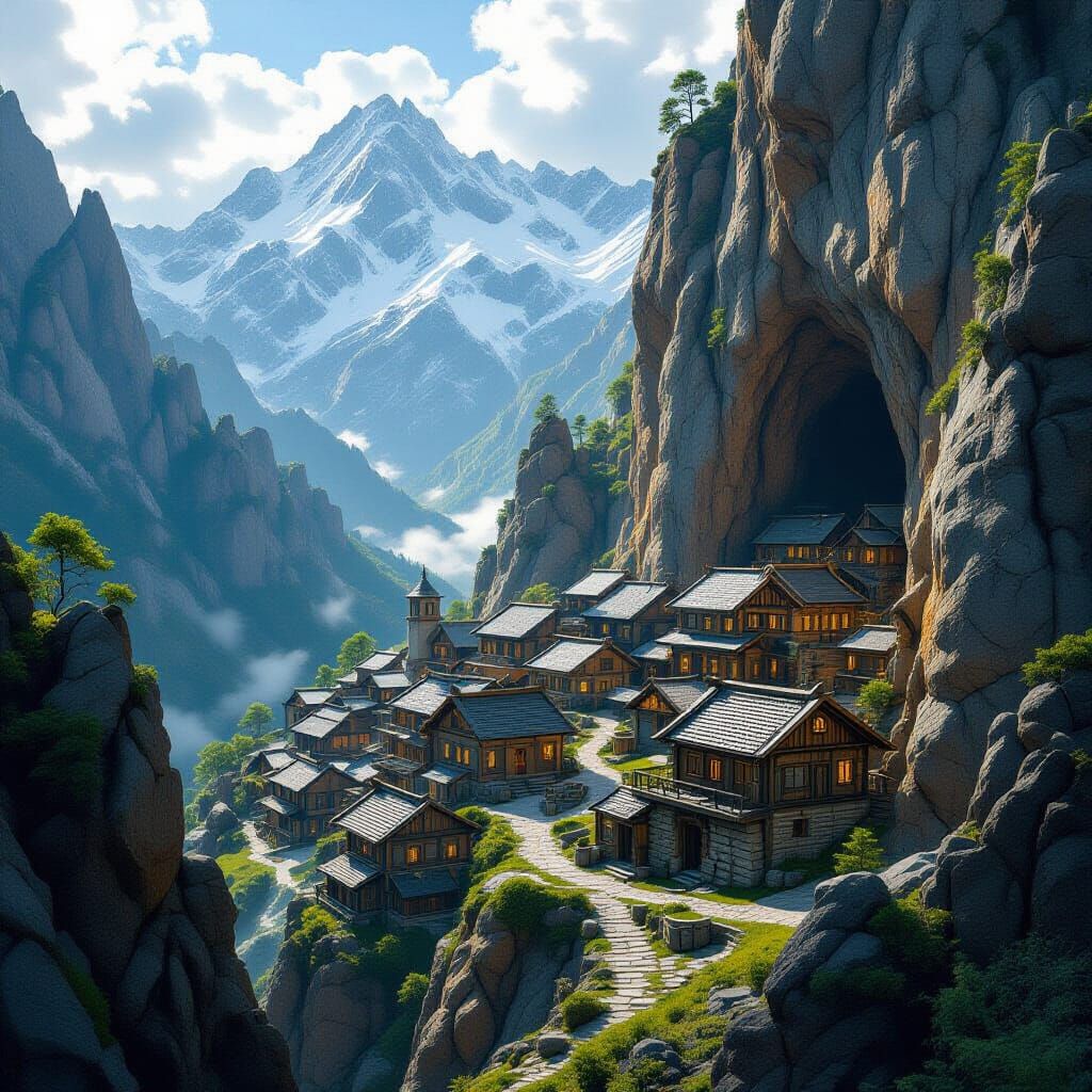 Mountain Village Carved in Rock, Matte Painting Style