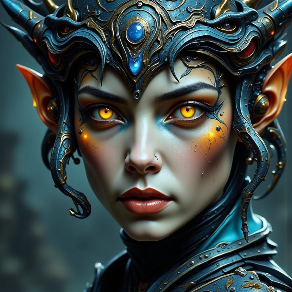 Alien Woman's Intense Blue-Orange Gaze