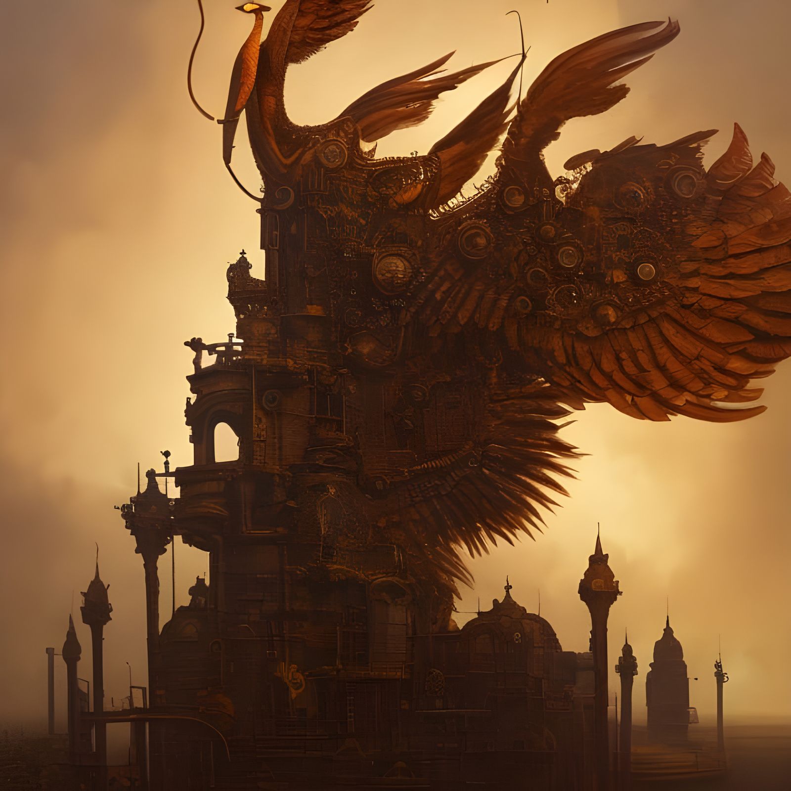 Simurgh Emblem: Surreal Steampunk Oil Painting
