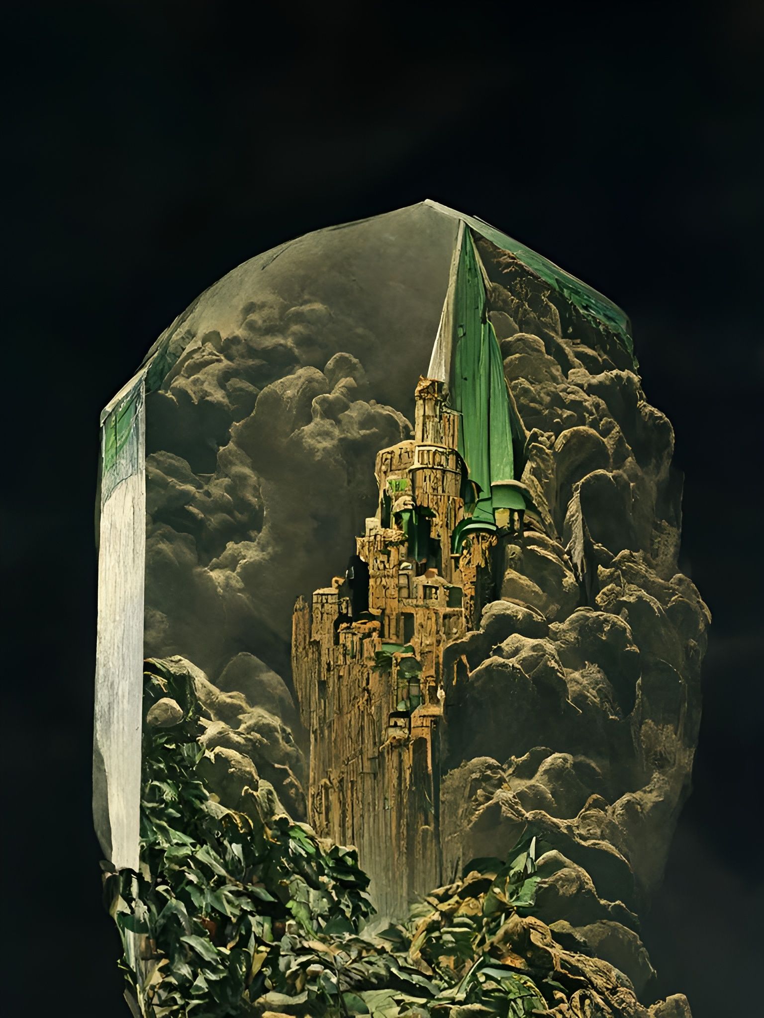 Luminous Emerald Castle in Retro-Futurist Style