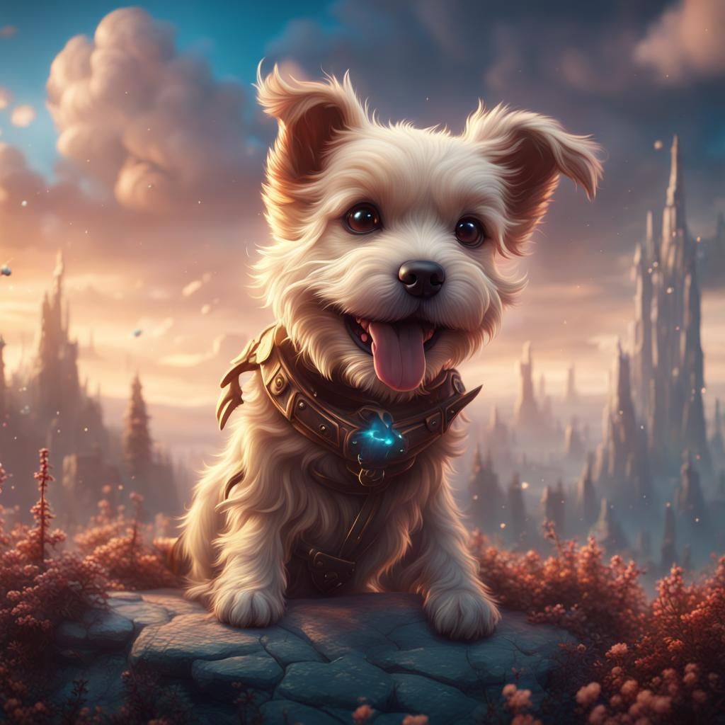Cute Dog Under a Happy Sky: Detailed Matte Painting