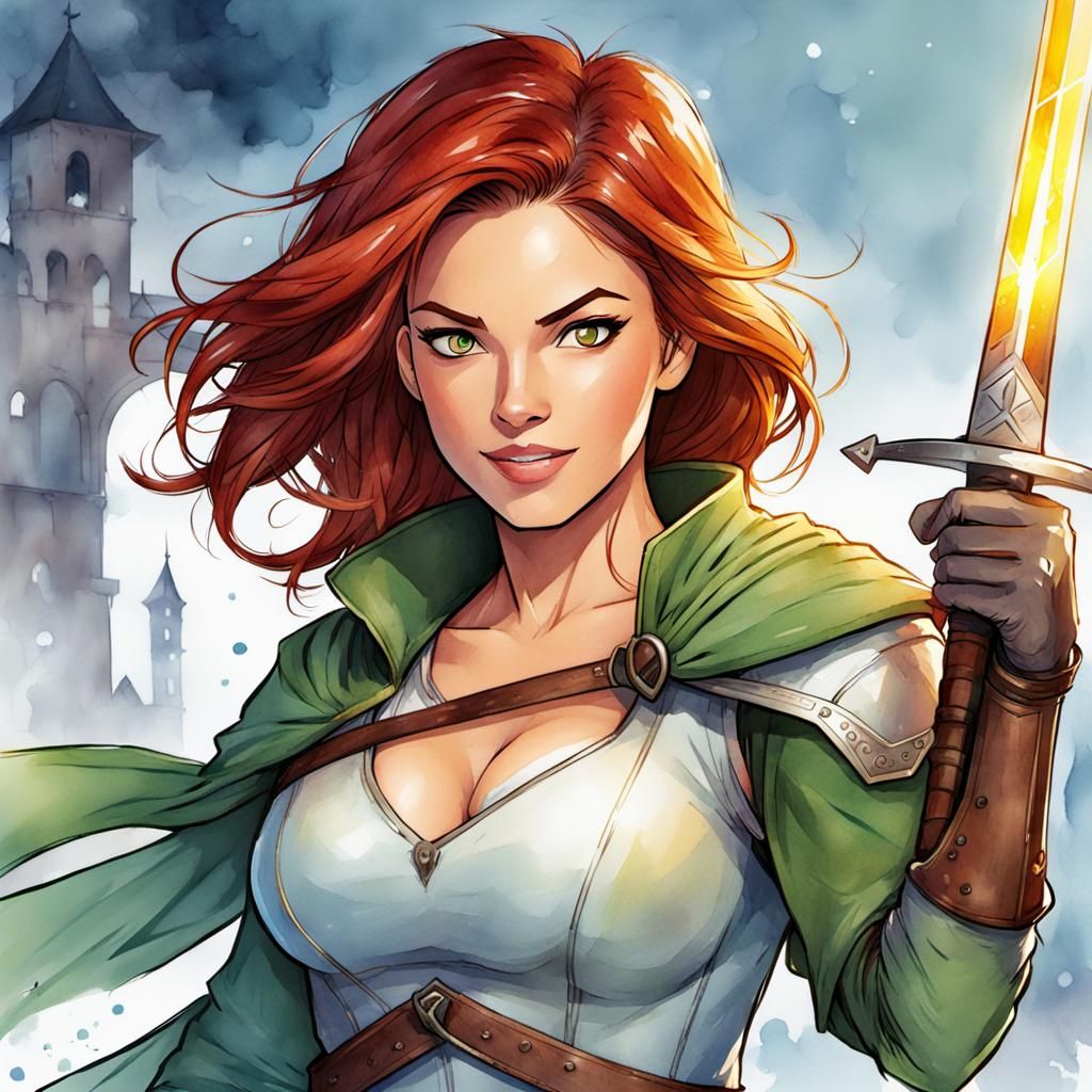 Red-Haired Rogue with Glowing Sword in Watercolor Comic