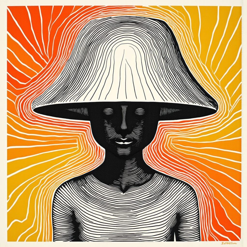 Abstract Linocut Figure with Lampshade Head in Op-Art Style