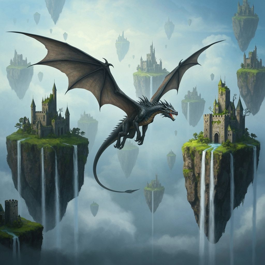 Dragon Soaring Among Floating Islands in Painterly Style