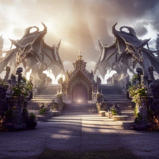 Mystical Building in Dragon Forest with Sunbeams