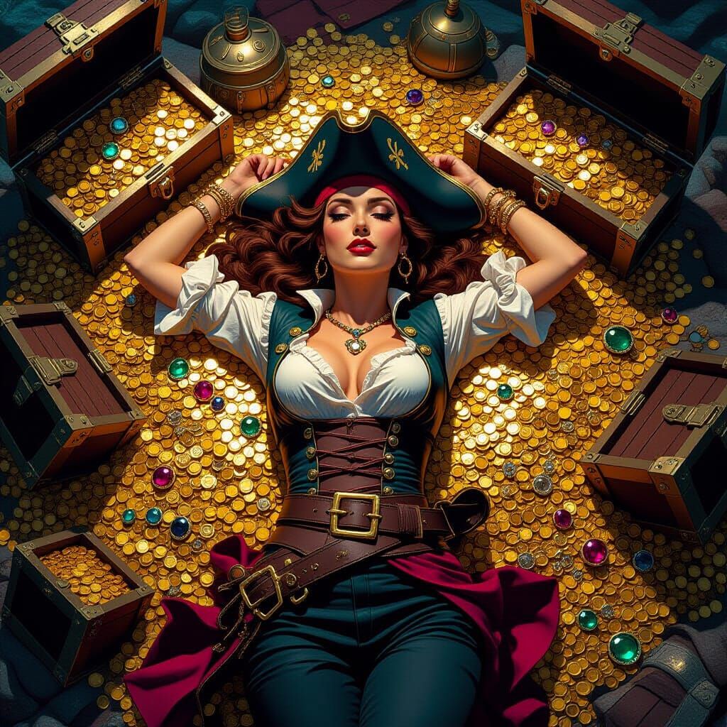 Pirate Woman Lounging Atop Treasure Pile