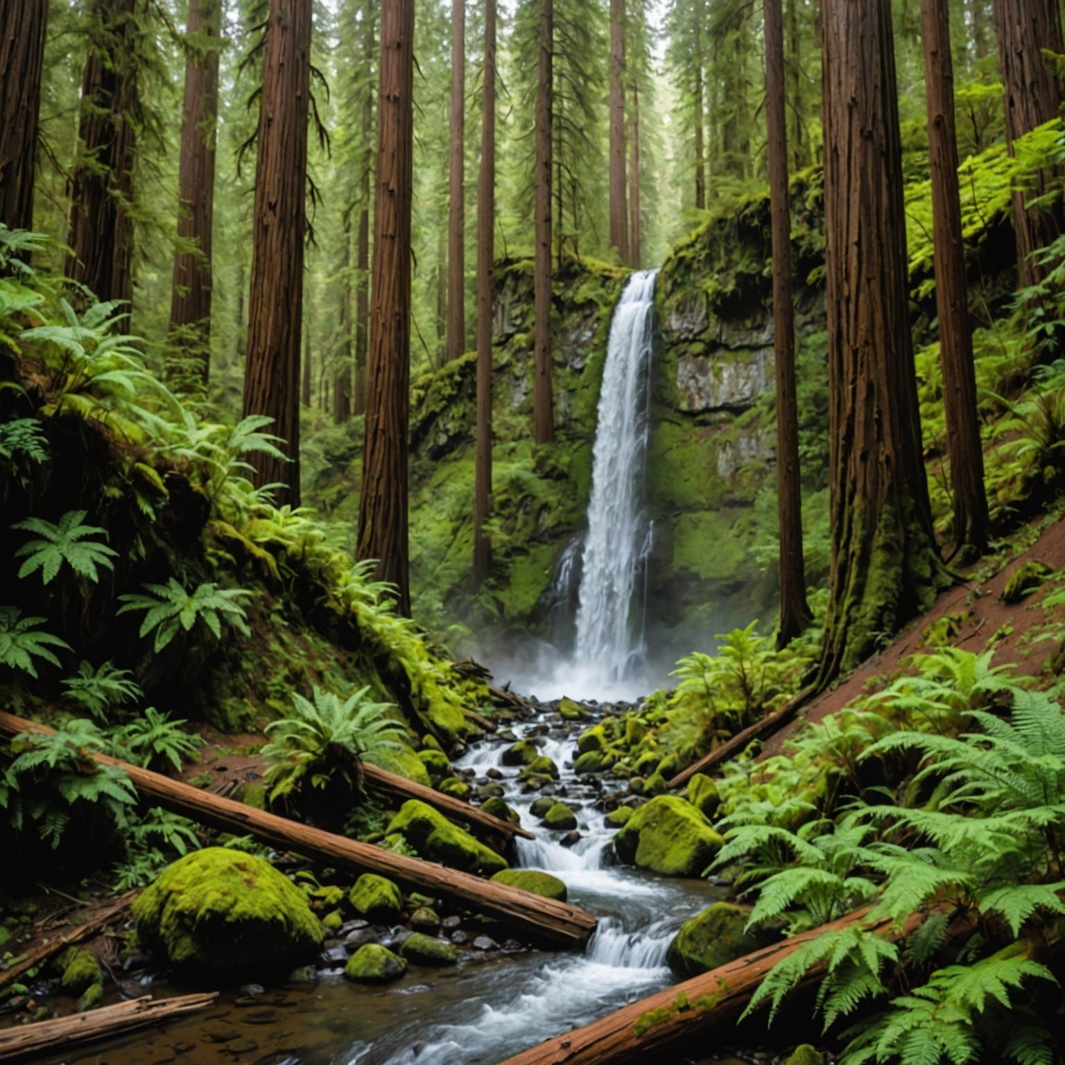 Waterfall in a redwood forest