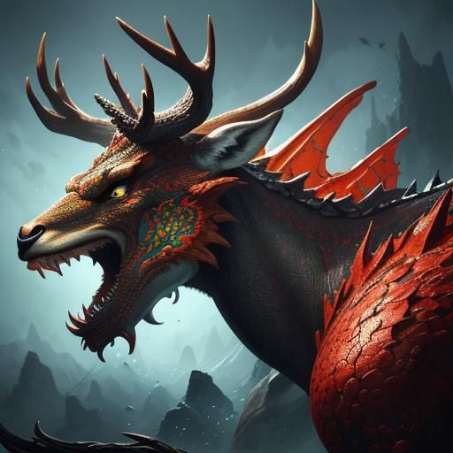 Hyperrealistic Deer-Dragon Hybrid in Splash Art Style